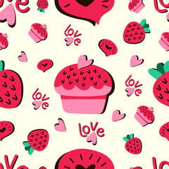 Romantic seamless pattern with heart, strawberry, and cupcake elements