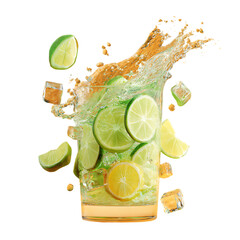 Concept art of a fresh citrus drink with slices, zest, and ice cubes splashing in mid air.