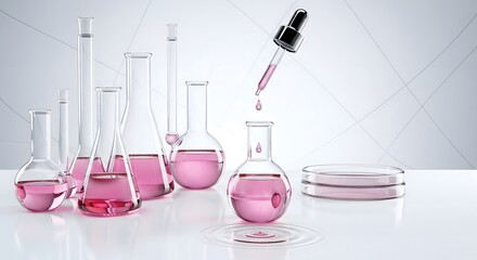 Minimalistic three-dimensional digital laboratory scene with various glassware containing pink liquid and a dropper releasing a single cosmetic drop for scientific research