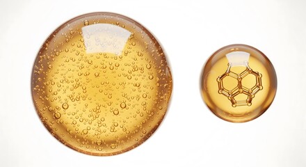 Natural cosmetic oil drops containing tiny bubbles and a glowing molecular structure for beauty and science concepts on a clean white background