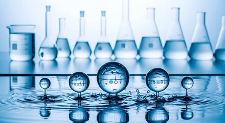 Multiple clean water droplets splashing and suspended over a surface with laboratory glassware and beakers lined up in the background