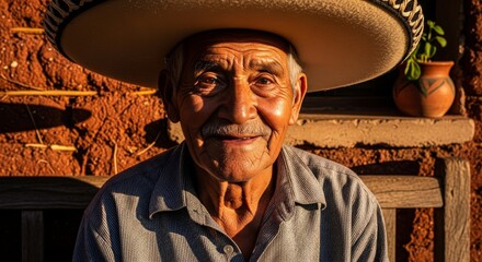 Elderly Mexican Man Smiling Outside Traditional Home at Sunrise