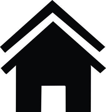 A stark black graphic icon representing a house with a distinct double-lined roof and a simple doorway.