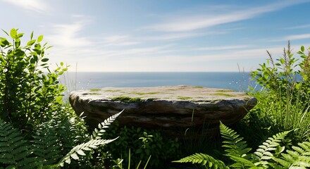Natural stone moss-covered podium or rock pedestal surrounded by green foliage and ferns, overlooking a tranquil blue ocean horizon under a sunny sky for nature product display