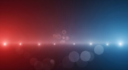 Panoramic festive background showing small fireworks exploding in the center, with a dramatic red and blue gradient color split and bokeh light effect