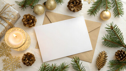Cozy christmas flat lay with blank card pine cones fir branches and candle