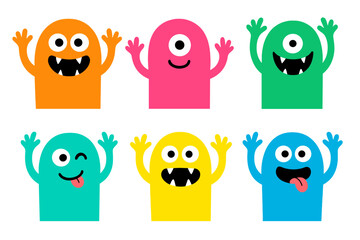 Fototapeta premium Happy Halloween! This set features a colorful monster silhouette head icon with eyes, fangs, tongue, and raised hands—a cute, kawaii, scary, and funny baby character on a white background in flat