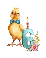 Cute yellow chick celebrating its sixth birthday with a candle and flowers in a cheerful design