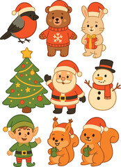 Fototapeta premium Cartoon characters for Christmas: a bullfinch, a bear, a rabbit, a penguin, Santa Claus, a snowman, an elf, a squirrel, and a holiday tree vector, all isolated objects for design