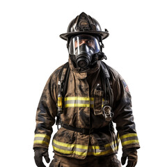 Solemn and powerful portrait of a firefighter in full protective gear against a transparent background