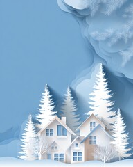 Paper-cut winter village background with snowy houses, pine trees, and layered blue sky, minimalist Christmas or New Year holiday backdrop with copy space for greeting cards or design.
