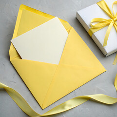 Yellow envelope with blank card and gift box with yellow ribbon