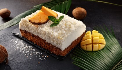 coconut cake with tropical fruits on dark stone