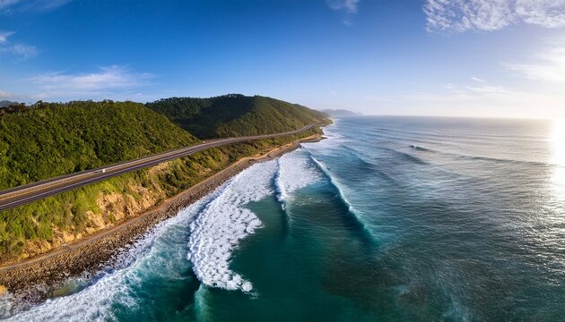 coastal highway next to ocean waves aerial view