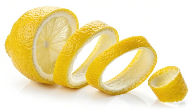 A bright yellow lemon peel curls away from the fruit in a continuous spiral