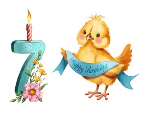 Birthday celebration with a yellow chick and a candle on a number seven