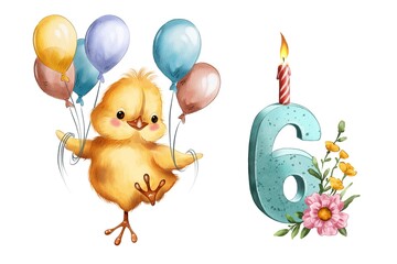 Cute chick with balloons and birthday candle for a child's sixth birthday celebration
