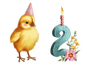 Celebration with a chick and a birthday candle marking a child's second year