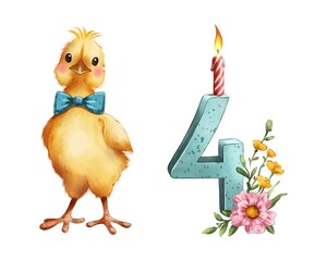 Chick stands next to number four candle with flowers and flame for birthday celebration