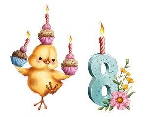 Colorful birthday scene with a chick carrying cupcakes and a candle for age eight