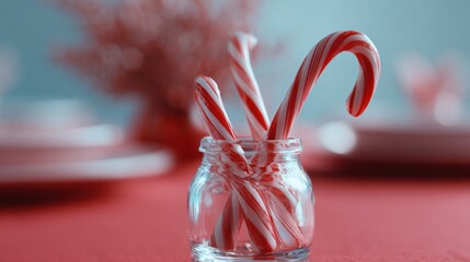 Glass jar filled with candy canes. the jar is placed on a red tablecloth with a blurred background. the candy cane in the jar is red and white striped and has a curved shape.