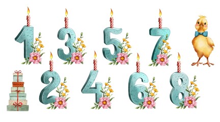 Birthday candles with flowers and a chick on a white background for celebration decor ideas