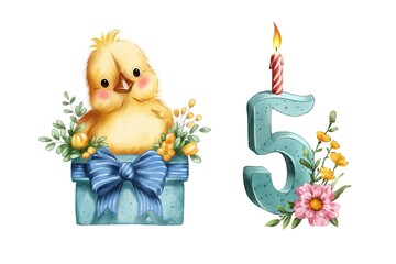 Celebration of a fifth birthday with a cute chick and a candle on a number five