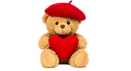 Teddy Bear, Red Heart & Beret on white background