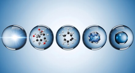 Series of five transparent spheres with various molecular structures and light effects, representing scientific progression, chemistry, and medical research concept