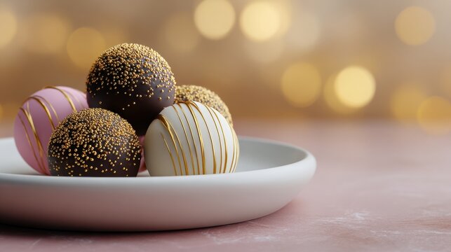 White plate with four chocolate truffles on it. the plate is placed on a pink surface with a blurred background of gold bokeh lights.