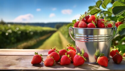 metal bucket filled with freshly picked strawberries