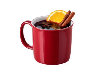 Warm holiday beverage with orange slice cinnamon and star anise in red mug for seasonal celebration on transparent background