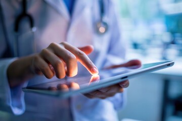Close-up of a doctor using a digital tablet for patient information and diagnosis in the hospital