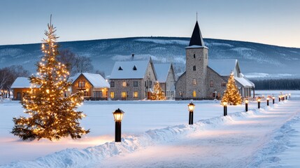 Tranquil winter twilight in scandinavian village with snowy church and festive glow, perfect for holiday poster design