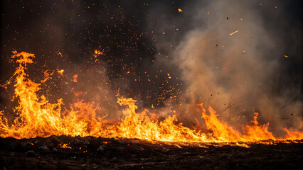 Intense wildfire flames and smoke at night with glowing embers