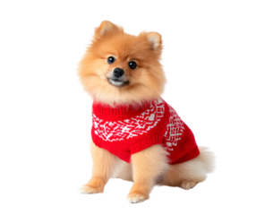 Cute pomeranian in festive red sweater - winter pet fashion concept on transparent background