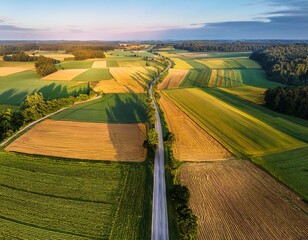 road through patchwork farmland fields aerial view