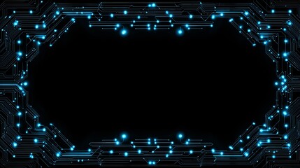 Futuristic glowing blue circuit frame on black background, digital technology banner with copy space for innovation, AI, or cybersecurity themes.
