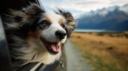 Dogs traveling in car with heads out the window &ndash; joyful pet travel concept