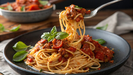 Delicious spaghetti bolognese with fresh basil leaves on a dark plate