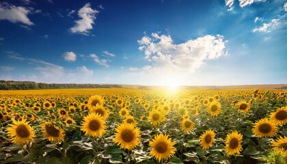 Obraz premium sunflower field under bright blue sky with sunlight
