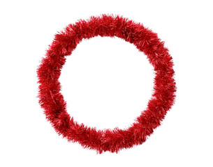 Red tinsel christmas wreath for holiday decoration and festive celebrations on transparent background