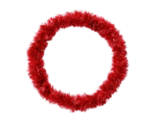 Red tinsel christmas wreath for holiday decoration and festive celebrations on transparent background