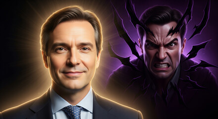 Two men, one man is a good angel and the other is screaming evil with a bad aura.