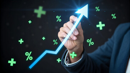 Business hand drawing upward arrow graph with plus signs and percentages