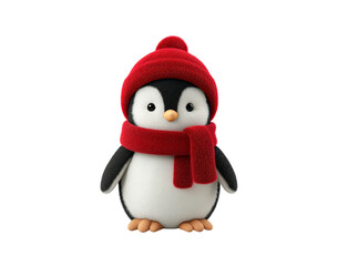 Fototapeta premium Cute penguin in winter hat and scarf for christmas season greetings and decor on transparent background