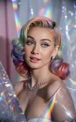 Portrait of a young woman with rainbow hair wearing a necklace in a studio setting