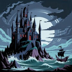 Illustration of a spooky castle on a cliff with a pirate ship in the sea under a stormy sky at night