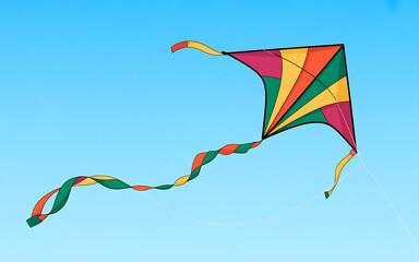 Vibrant kite soars high against a clear blue sky, evoking childhood joy and freedom, perfect for summer promotions, educational materials, or playful designs