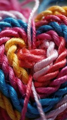 Close up of a colorful ball of yarn with vibrant pink, yellow, blue, and white threads